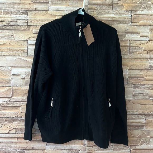 Gentle Herd Sweaters - Women's Black Ribbed High-Neck Zip-Up Pure Merino Wool Cardigan NWT Large